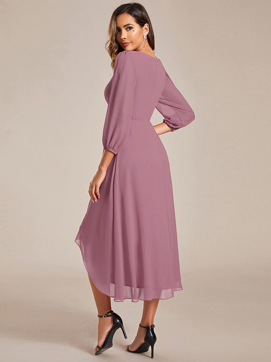 Weitese See-Through Long Sleeves V-Neck A-Line Chiffon Wedding Guest Dress