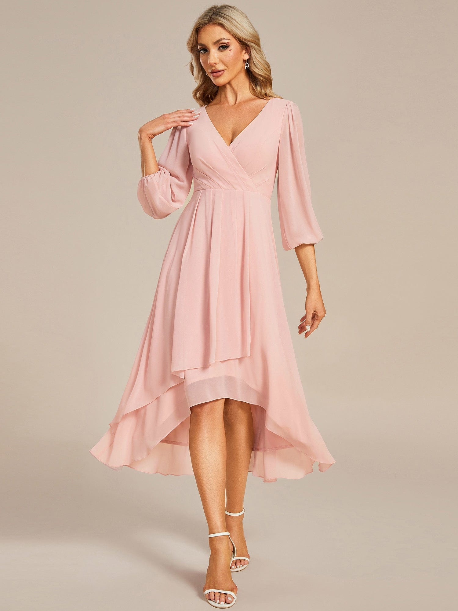Weitese See-Through Long Sleeves V-Neck A-Line Chiffon Wedding Guest Dress