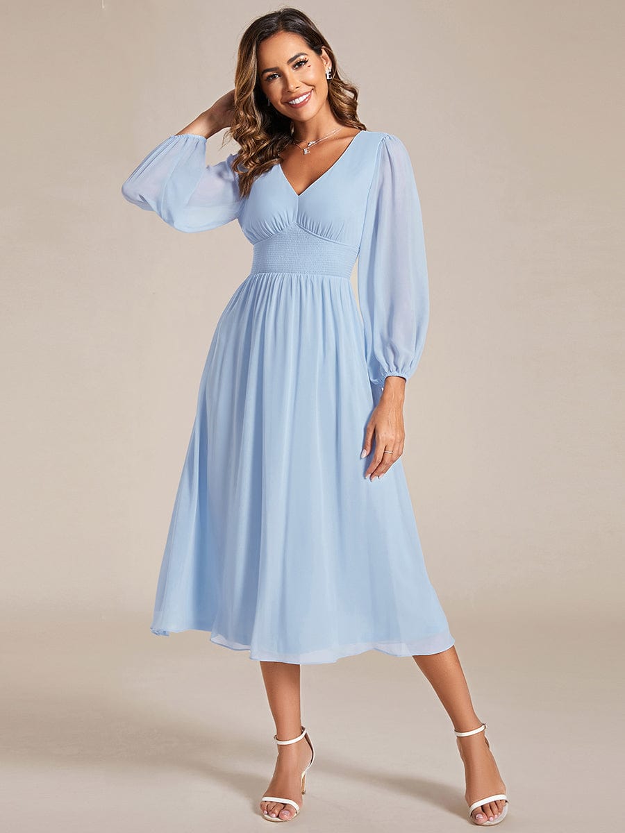 Weitese Chiffon V-Neck Long Sleeves Band Midi Wedding Guest Dress