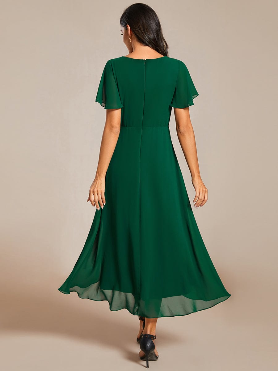 Weitese Ruffles Sleeve Pleated V-Neck A-Line Midi Chiffon Wedding Guest Dress