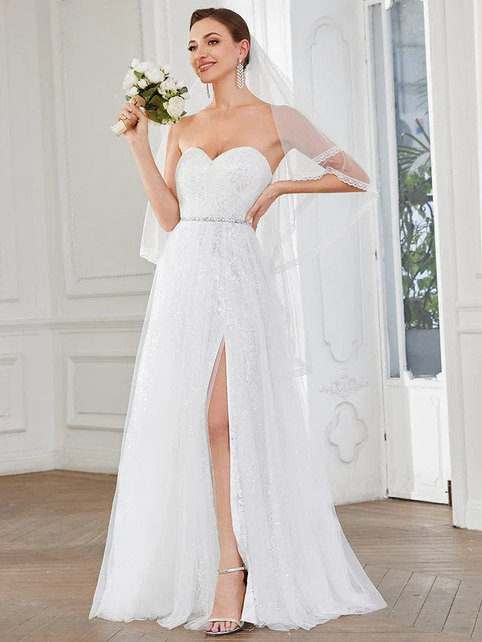 Aimishang Lace Corset Back Sweetheart Sleeveless Side Slit Wedding Dress