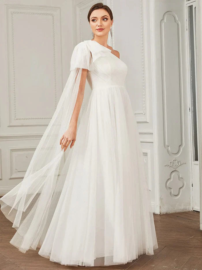 Aimishang Tie Sleeve Asymmetrical Layered Tulle A-line Wedding Dress