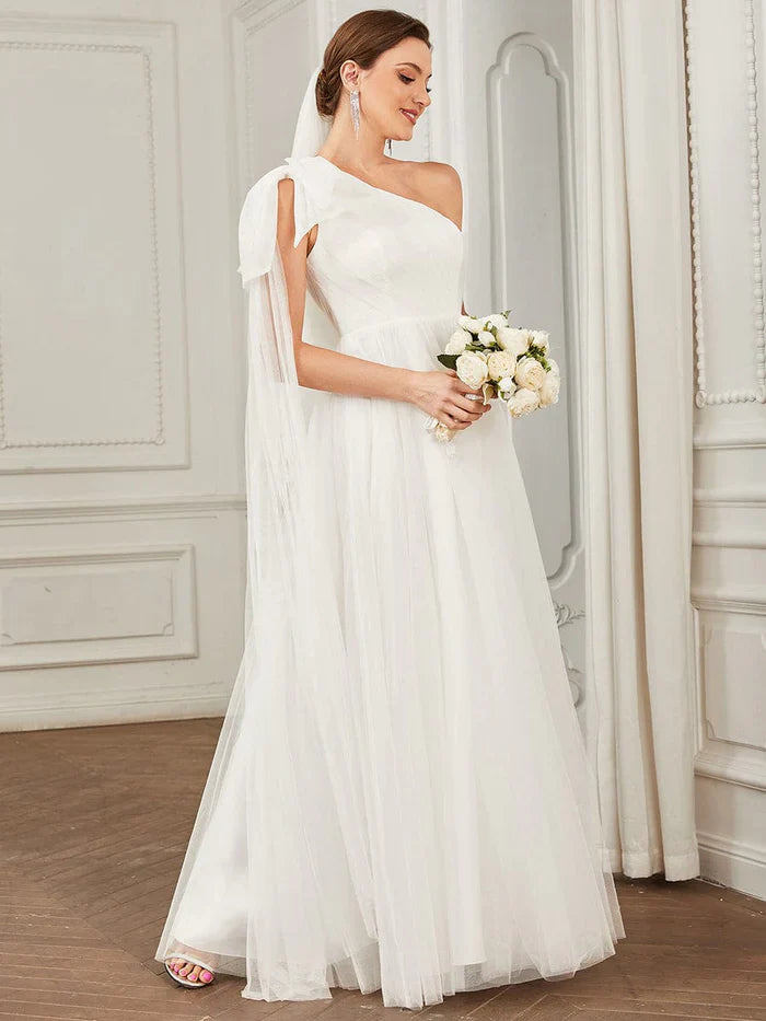 Aimishang Tie Sleeve Asymmetrical Layered Tulle A-line Wedding Dress