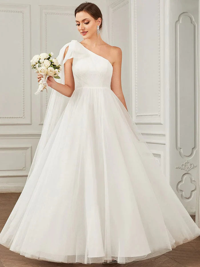 Aimishang Tie Sleeve Asymmetrical Layered Tulle A-line Wedding Dress