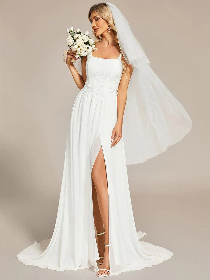Aimishang Minimalist Lace Applique Square Neckline Train Wedding Dress