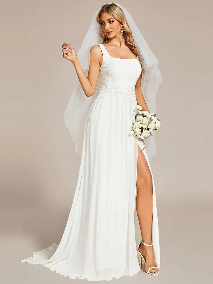 Aimishang Minimalist Lace Applique Square Neckline Train Wedding Dress