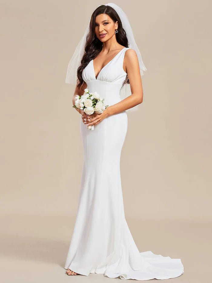 Aimishang Deep V-Neck Sleeveless Embroidered Backless Mermaid Wedding Dress with Train