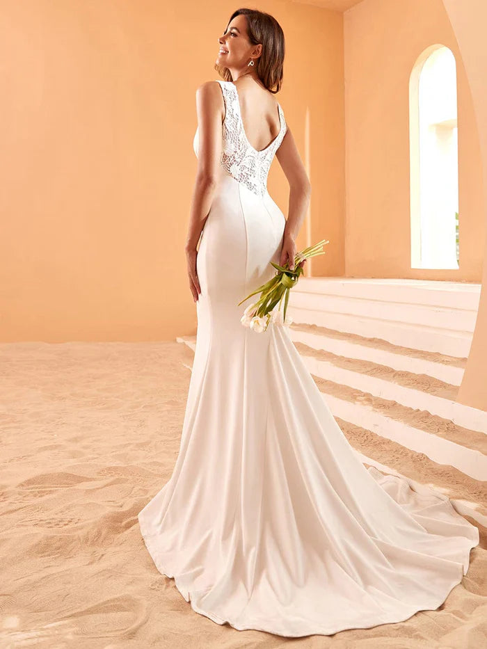 Aimishang Deep V-Neck Sleeveless Embroidered Backless Mermaid Wedding Dress with Train