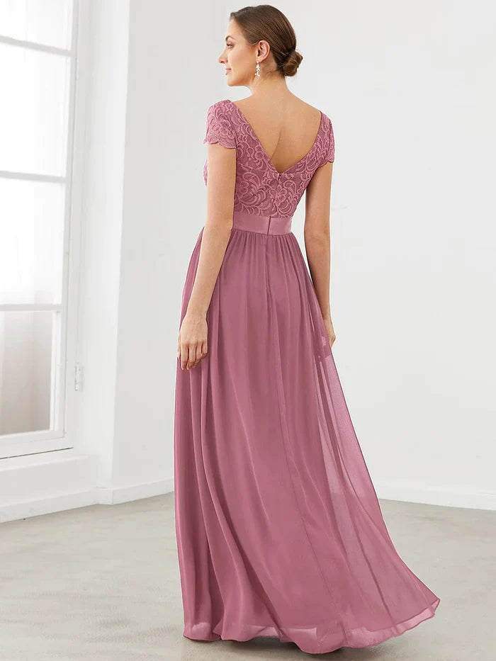 Aimishang Lace Short Sleeve Maxi Mother of the Bride Dress