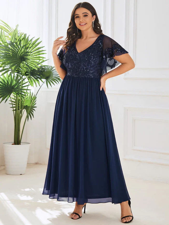 Aimishang Short Sleeve V-Neck Sequin Chiffon A-Line Mother of the Bride Dress