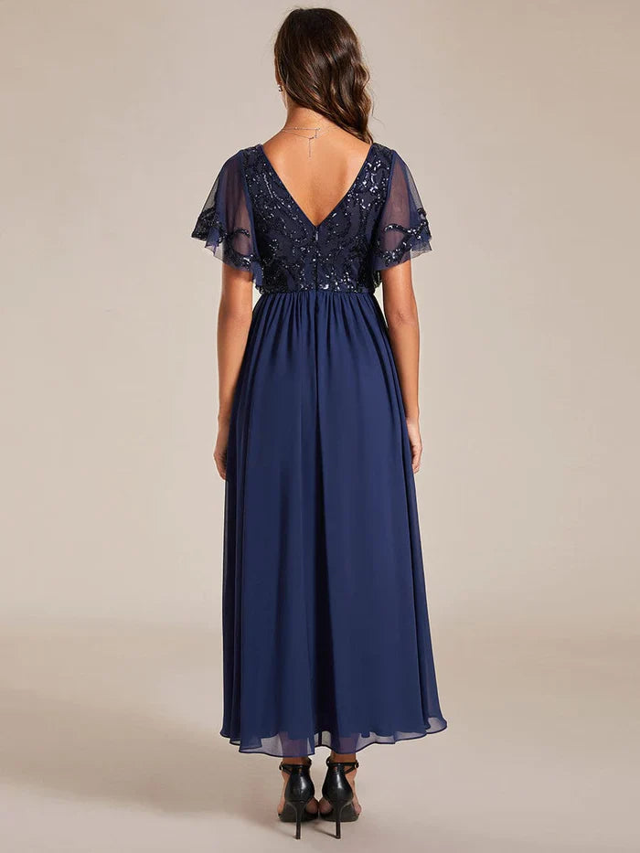 Aimishang Short Sleeve V-Neck Sequin Chiffon A-Line Mother of the Bride Dress