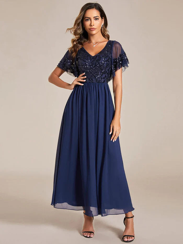 Aimishang Short Sleeve V-Neck Sequin Chiffon A-Line Mother of the Bride Dress