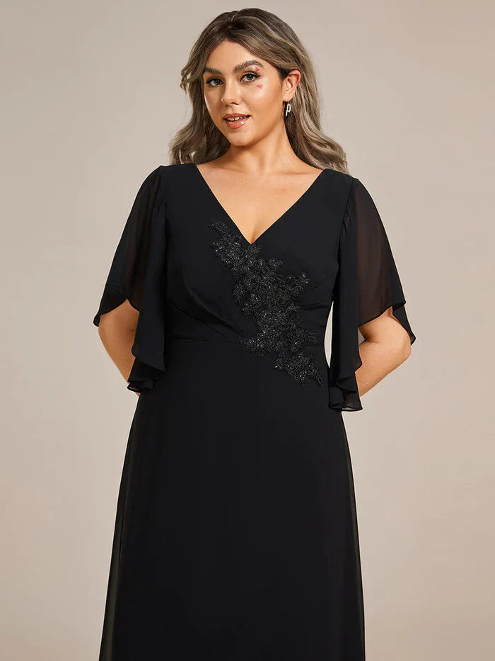 Aimishang Graceful Plus Size A-line Ruffles Sleeve Chiffon Mother of the Bride Dress with Applique