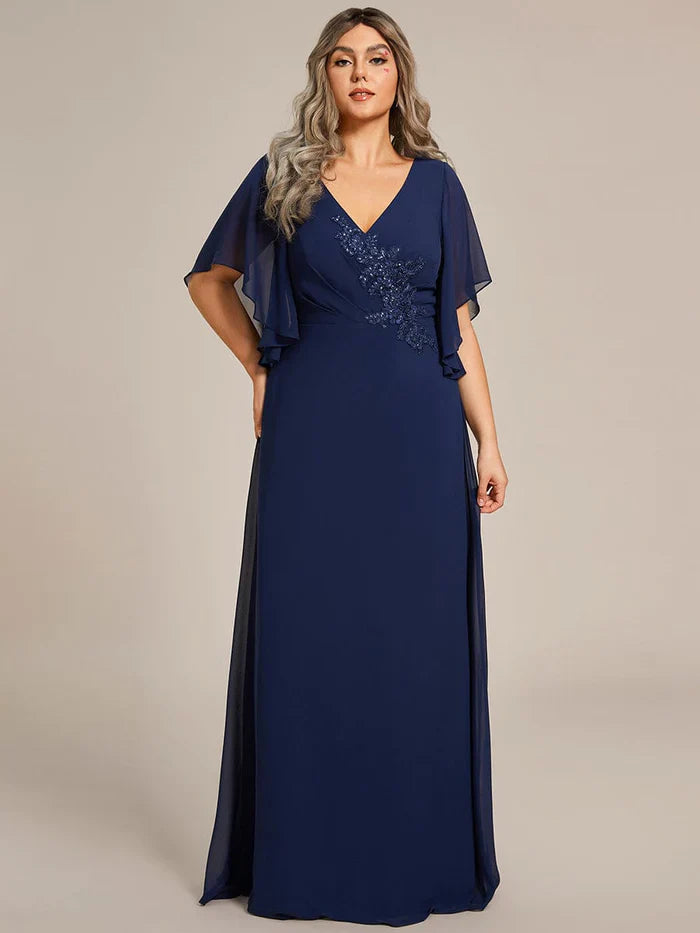 Aimishang Graceful Plus Size A-line Ruffles Sleeve Chiffon Mother of the Bride Dress with Applique