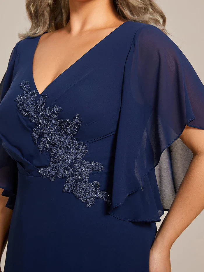 Aimishang Graceful Plus Size A-line Ruffles Sleeve Chiffon Mother of the Bride Dress with Applique