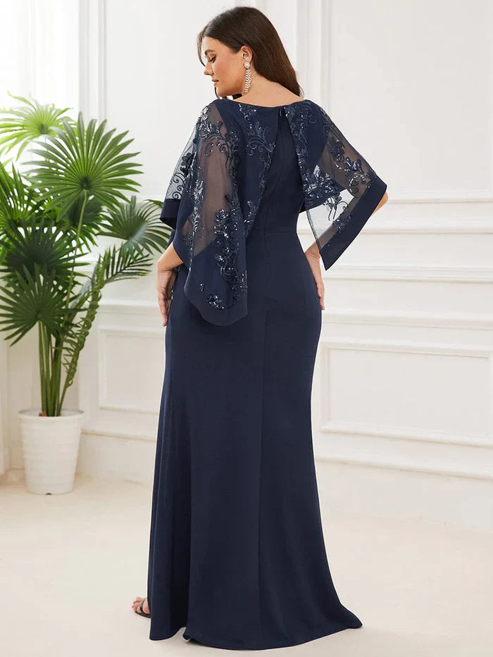 Aimishang Plus Size Asymmetrical Cape Sequin Mother of the Bride Dress