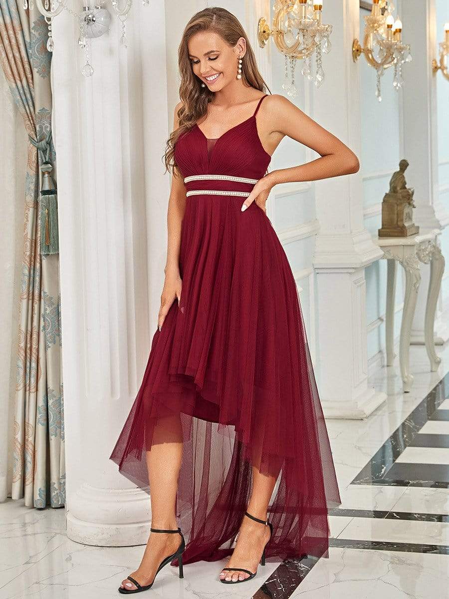 Weitese V Neck High-low Hem Pleated Tulle Prom Dress