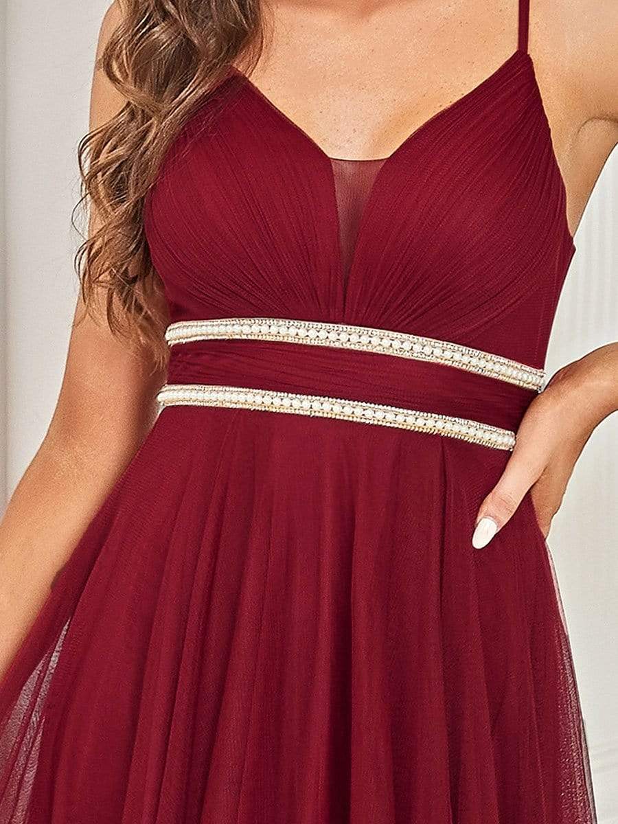 Weitese V Neck High-low Hem Pleated Tulle Prom Dress