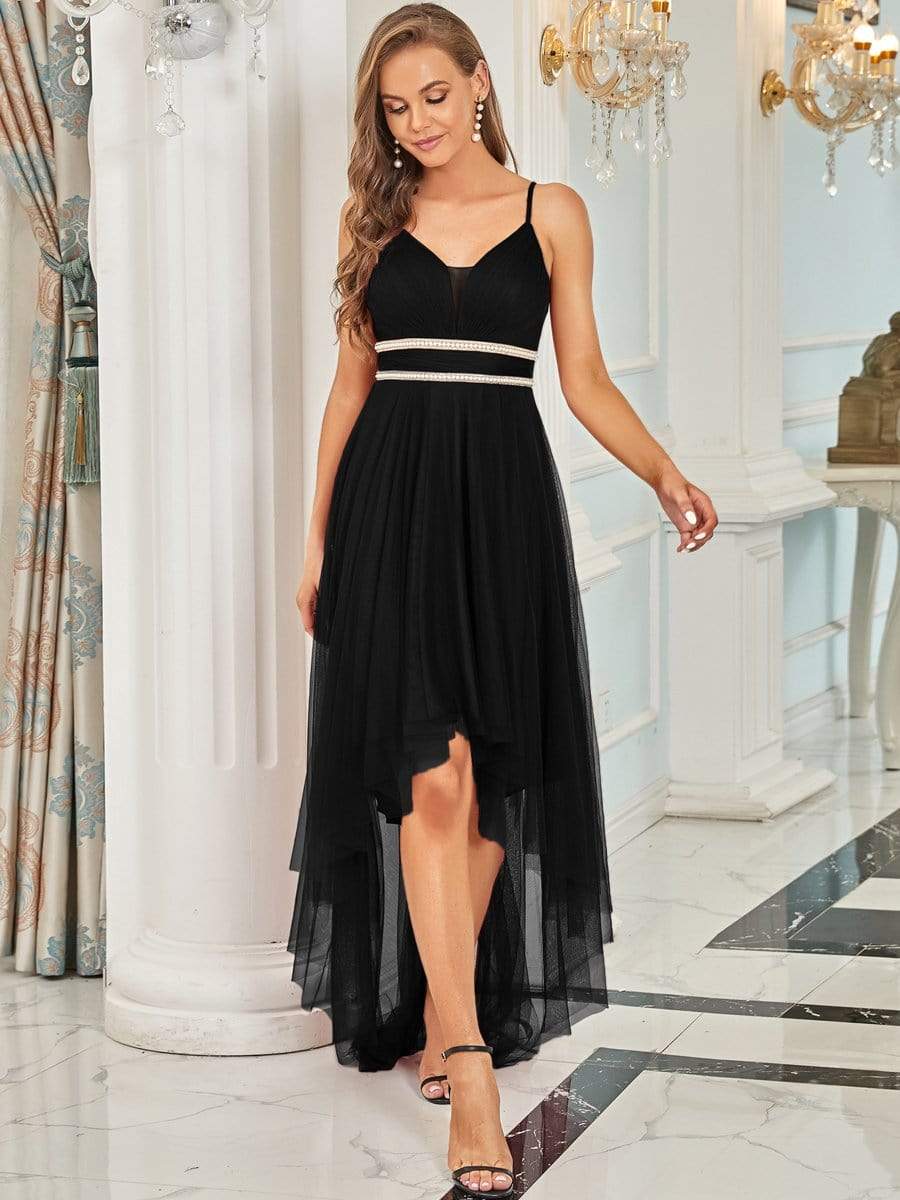 Weitese V Neck High-low Hem Pleated Tulle Prom Dress