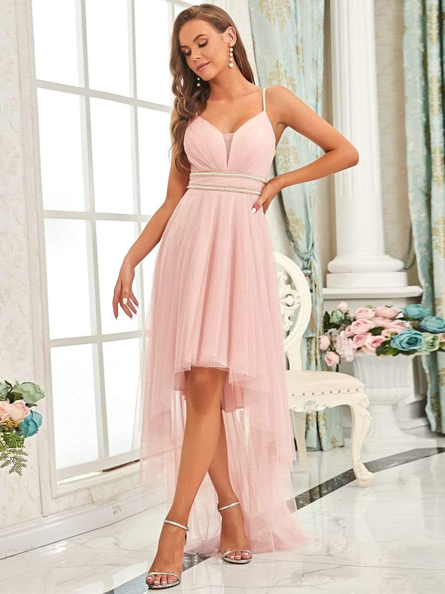 Weitese V Neck High-low Hem Pleated Tulle Prom Dress