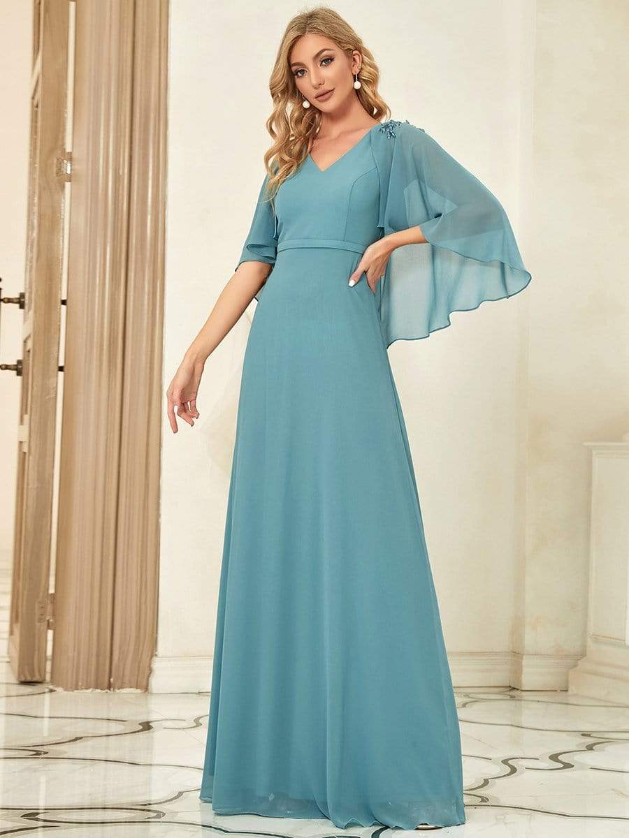 Weitese Elegant V Neck Flowy Chiffon Bridesmaid Dresses with Wraps