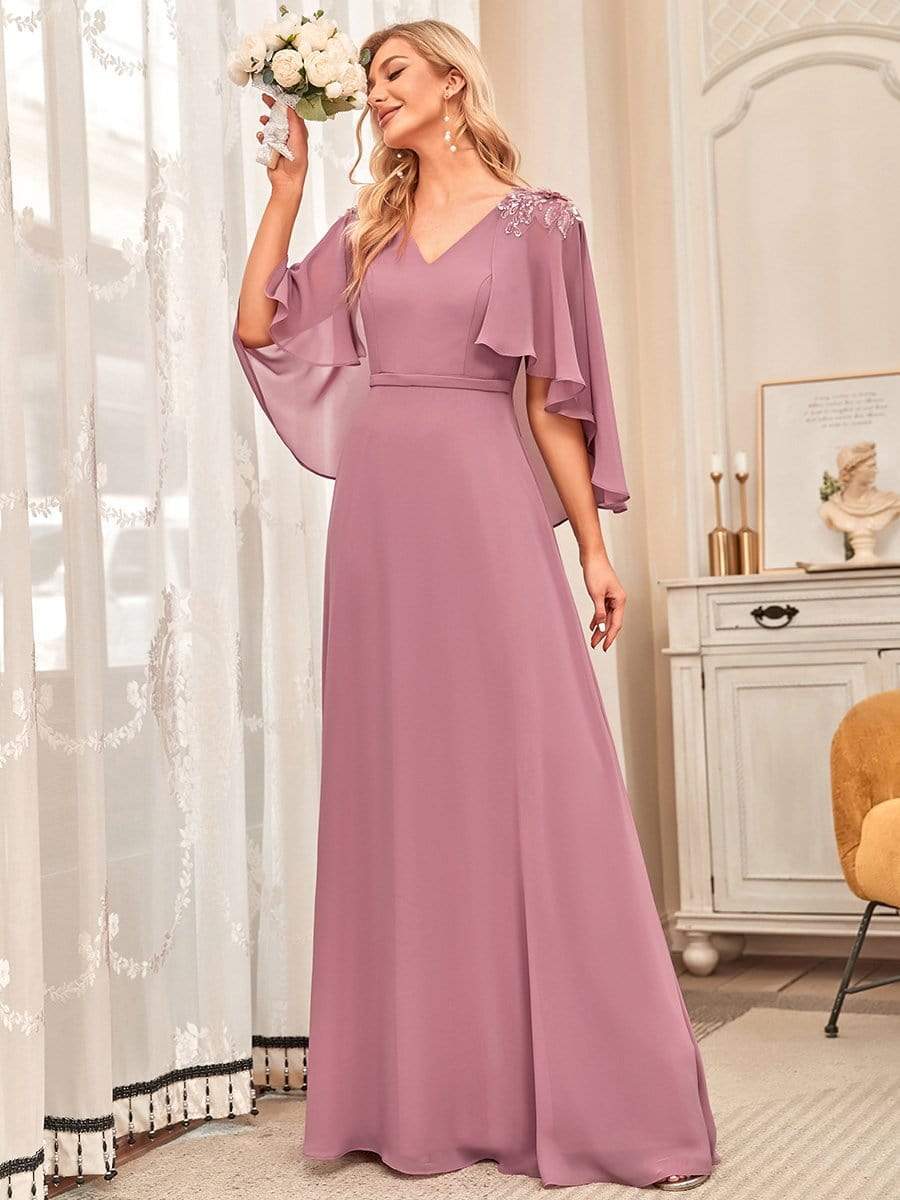 Weitese Elegant V Neck Flowy Chiffon Bridesmaid Dresses with Wraps
