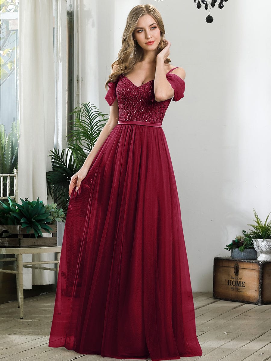 Weitese Cold Shoulder Sequin Bodice Long Tulle Bridesmaid Dress