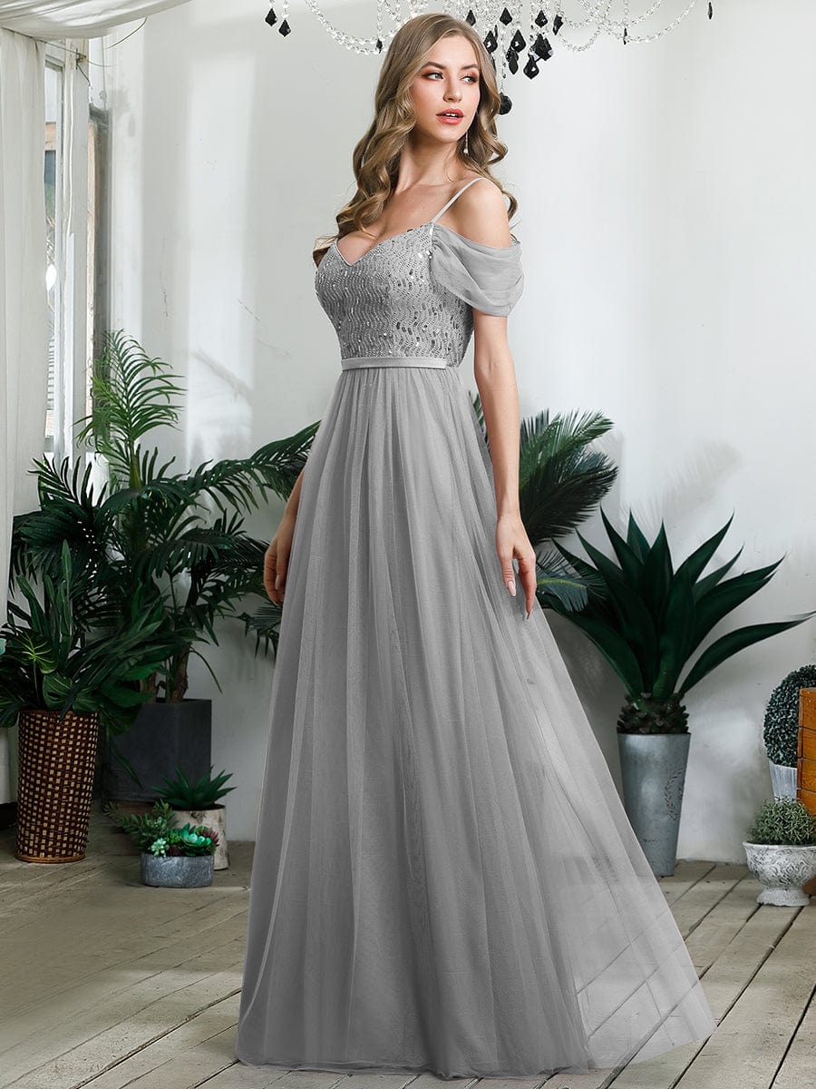 Weitese Cold Shoulder Sequin Bodice Long Tulle Bridesmaid Dress