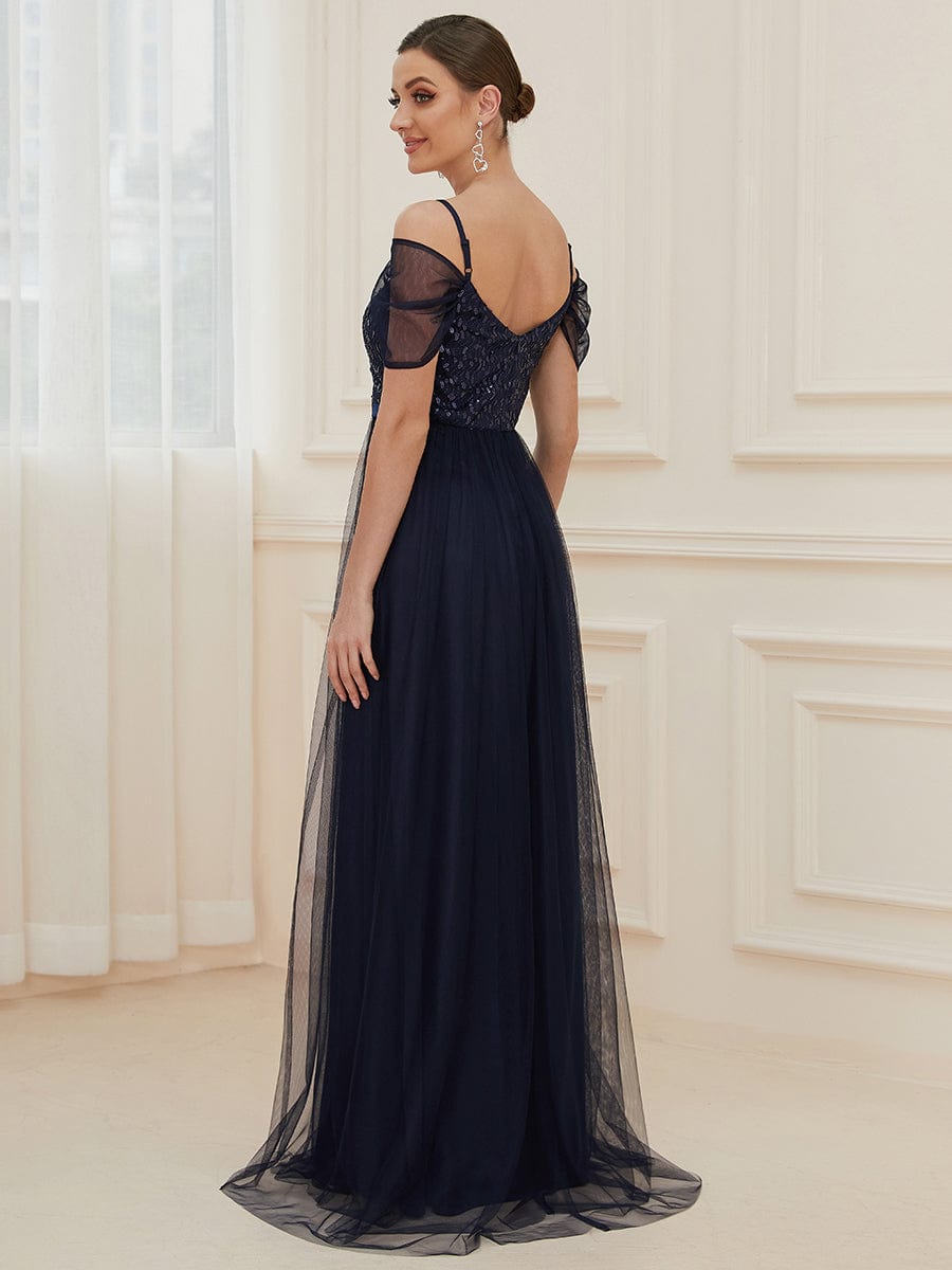 Weitese Cold Shoulder Sequin Bodice Long Tulle Bridesmaid Dress
