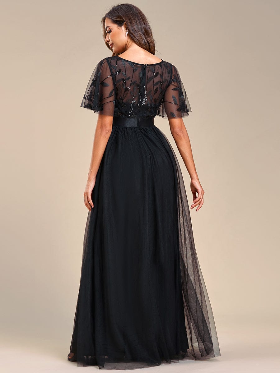 Weitese Women's A-Line Short Sleeve Embroidery Floor Length Evening Dresses