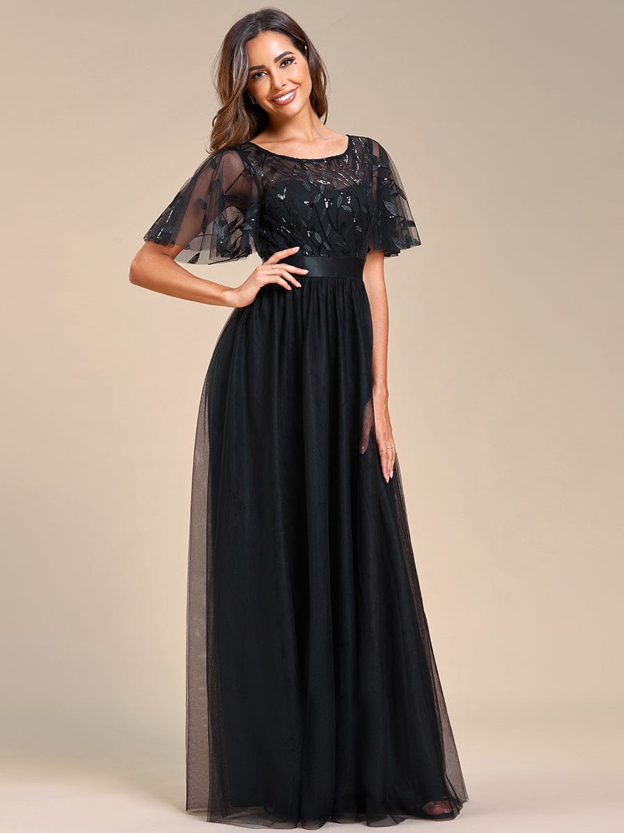 Weitese Women's A-Line Short Sleeve Embroidery Floor Length Evening Dresses