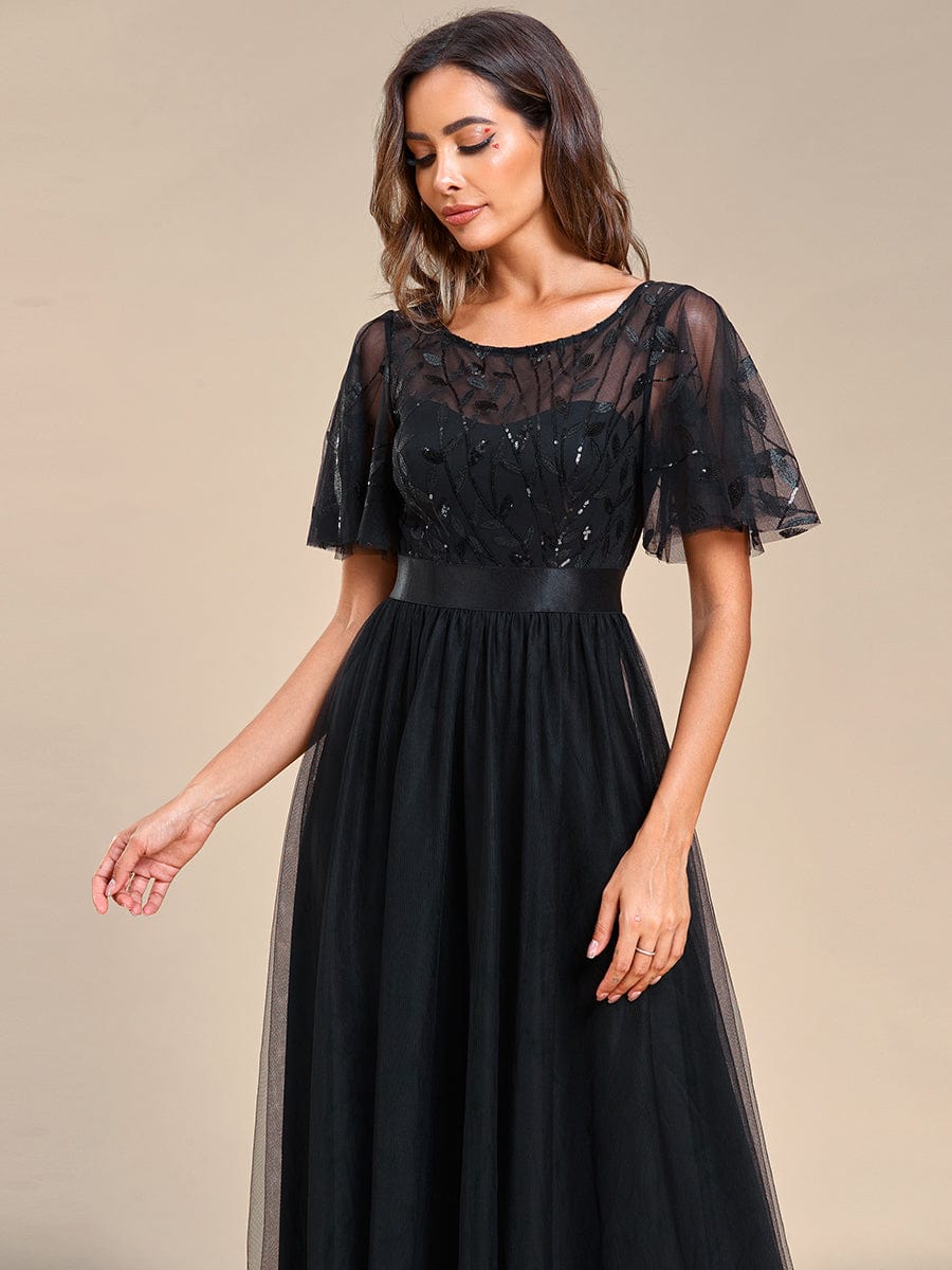 Weitese Women's A-Line Short Sleeve Embroidery Floor Length Evening Dresses