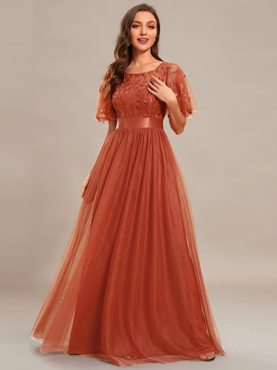 Weitese Women's A-Line Short Sleeve Embroidery Floor Length Evening Dresses
