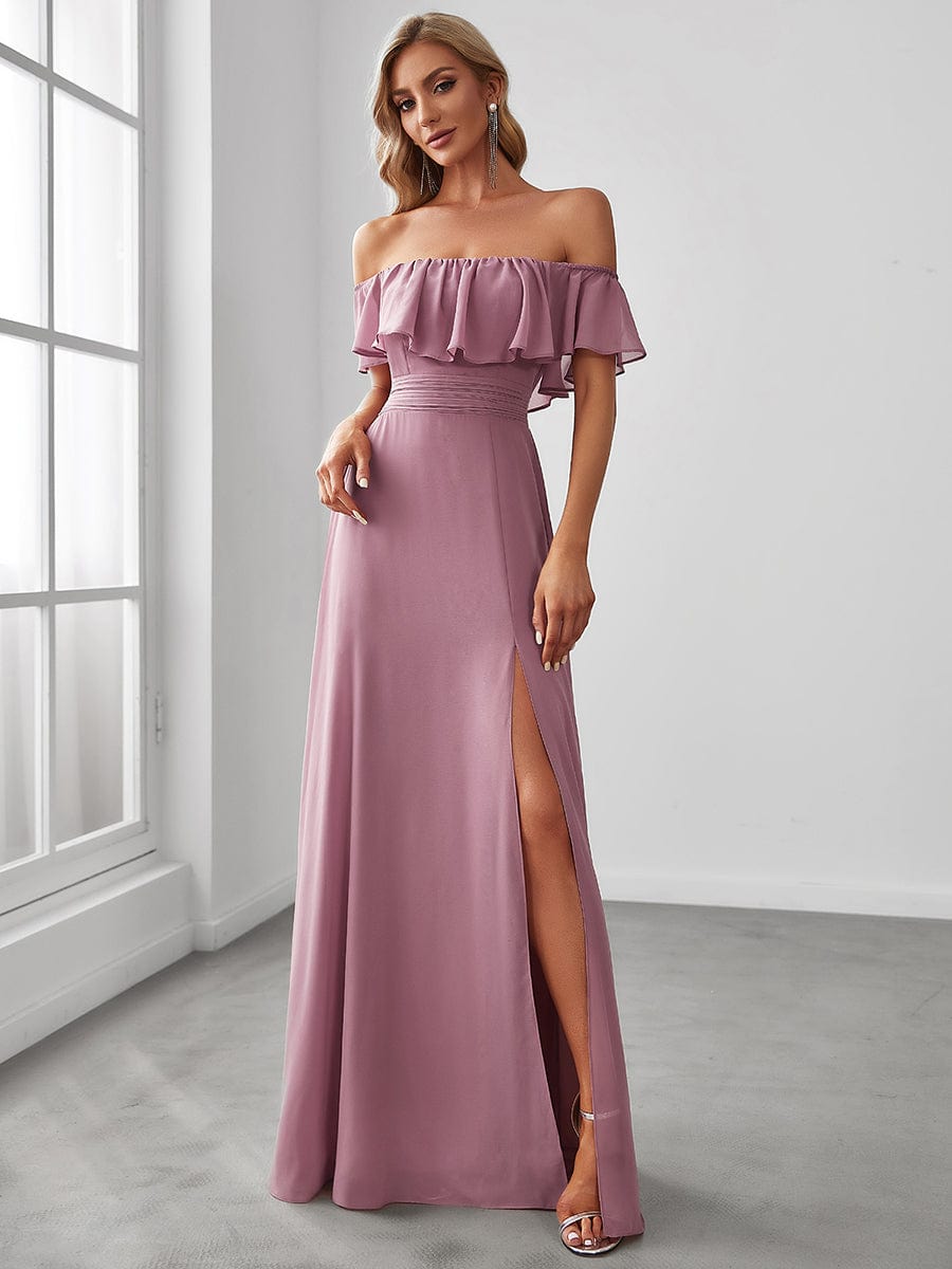 Weitese Women's Off Shoulder Ruffle Thigh Slit Bridesmaid Dresses