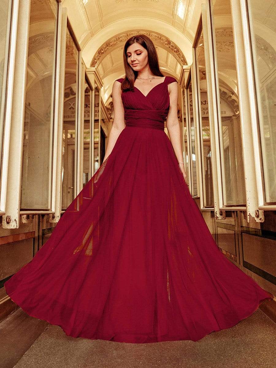 Weitese Floor Length Double V Neck Tulle Bridesmaid Dresses