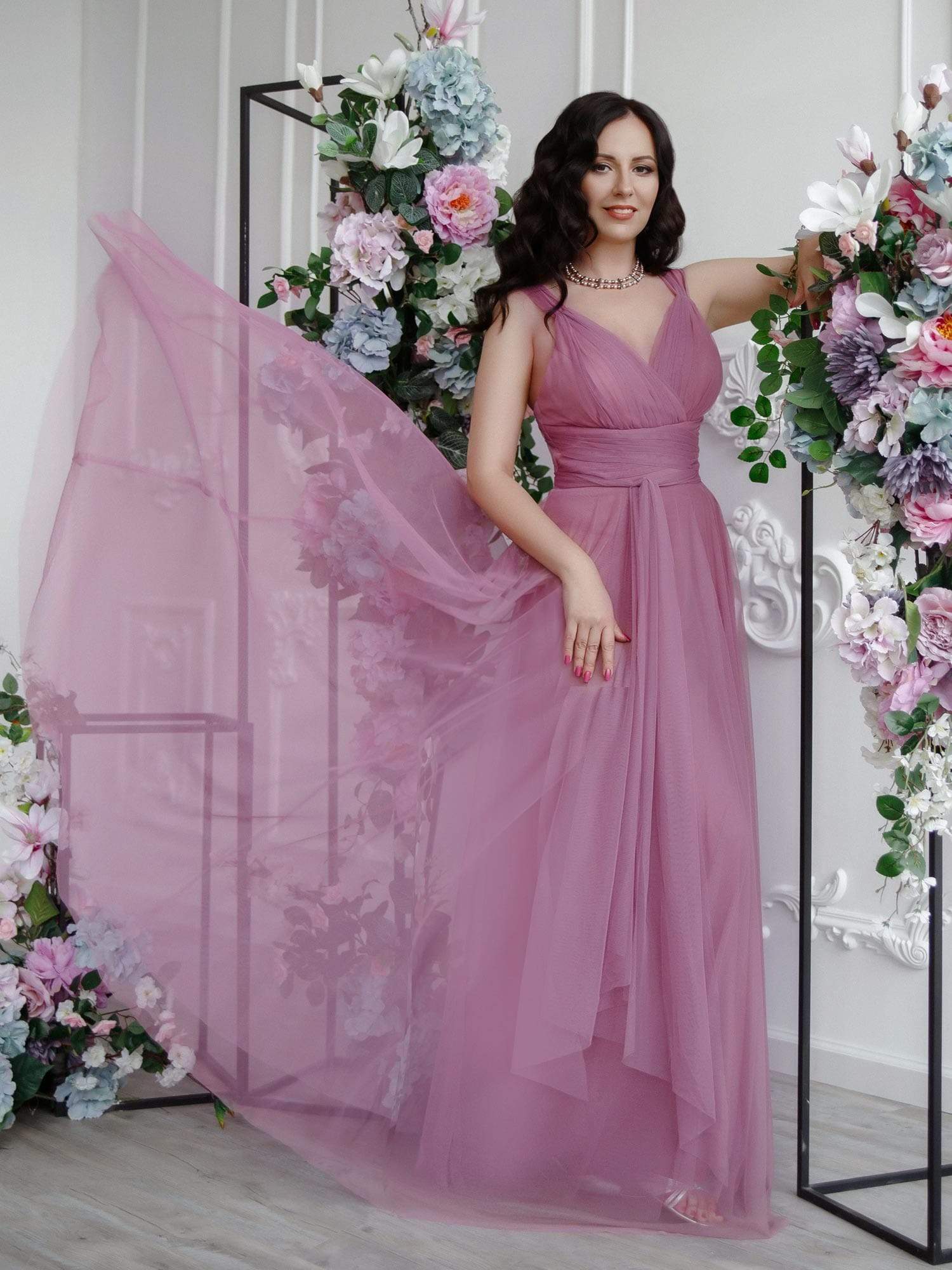 Weitese Floor Length Double V Neck Tulle Bridesmaid Dresses