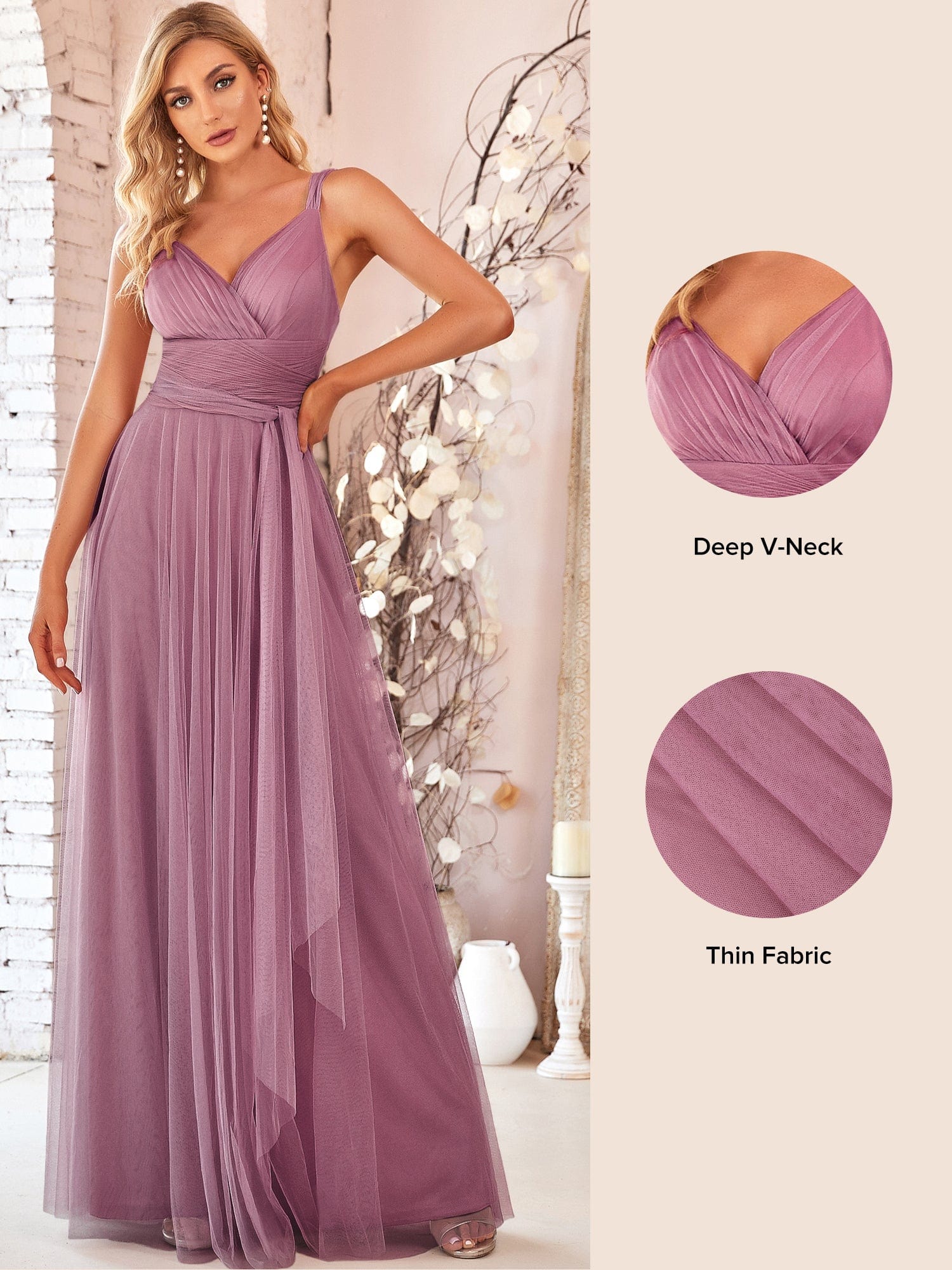 Weitese Floor Length Double V Neck Tulle Bridesmaid Dresses