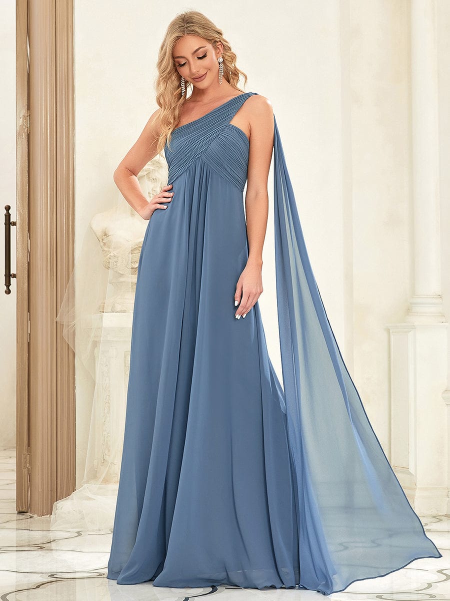Weitese Pleated One Shoulder Long Chiffon Formal Evening Dress