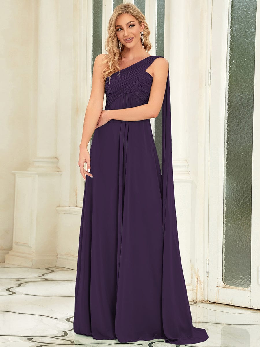 Weitese Pleated One Shoulder Long Chiffon Formal Evening Dress