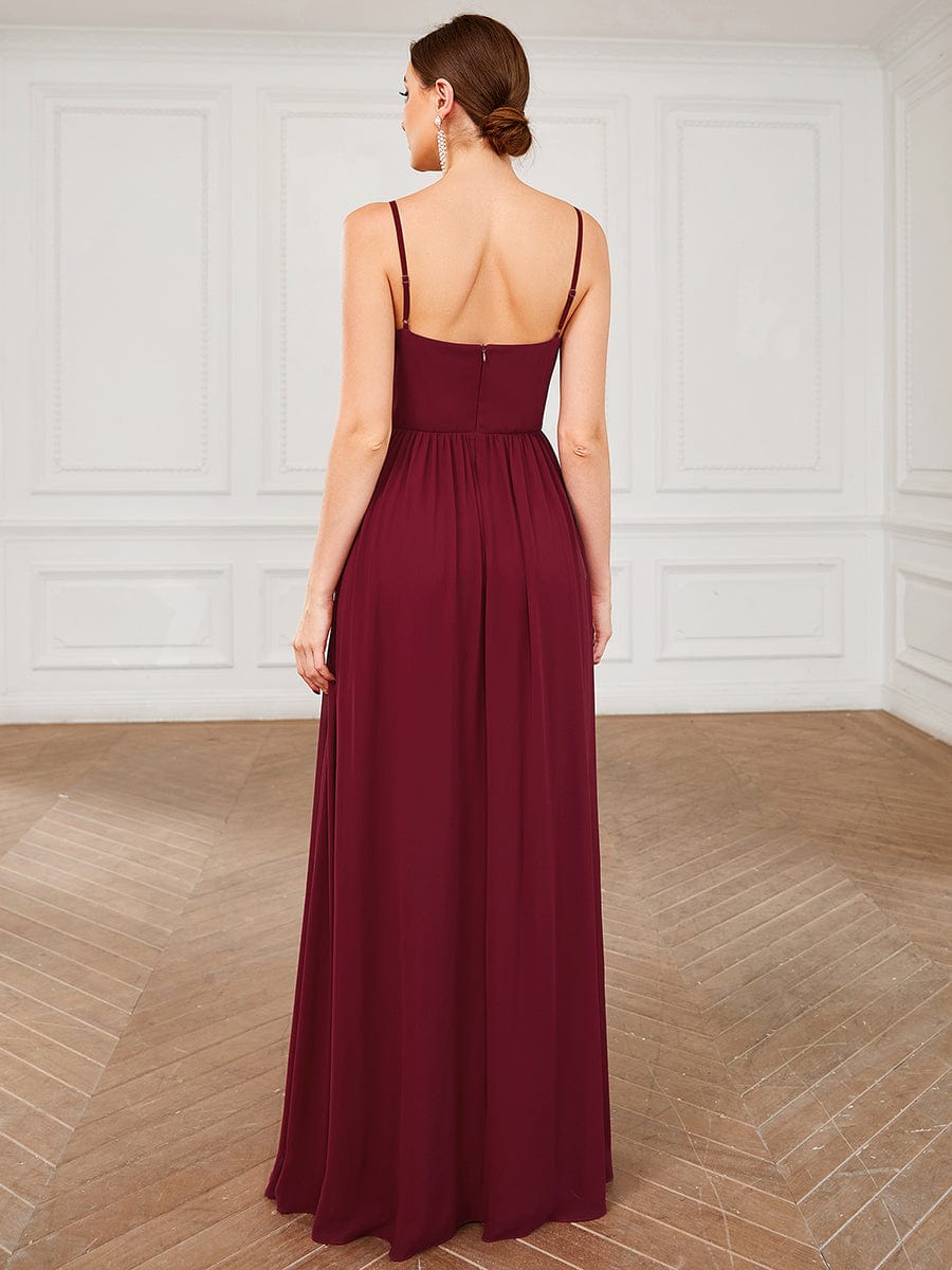 Weitese Chiffon Plunging V-Neck Spaghetti Strap Ruched A-Line Front Slit Bridesmaid Dress
