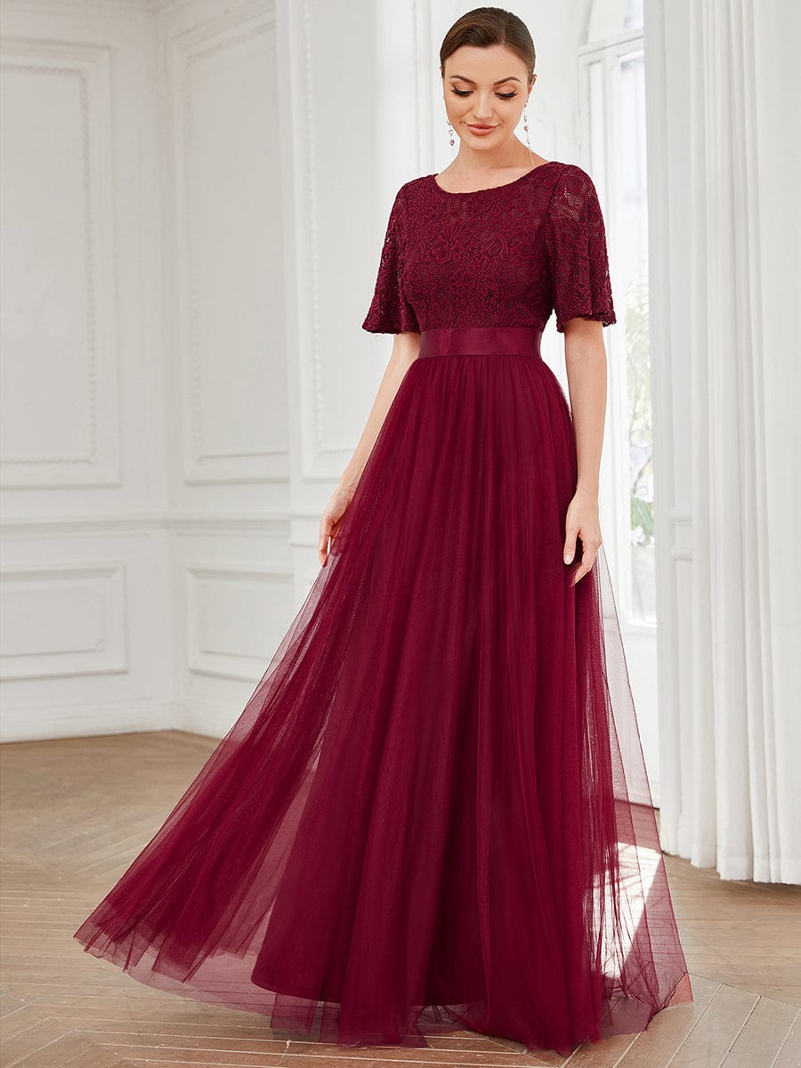 Weitese Short Sleeve Backless Ribbon Waist A-Line Tulle Bridesmaid Dress