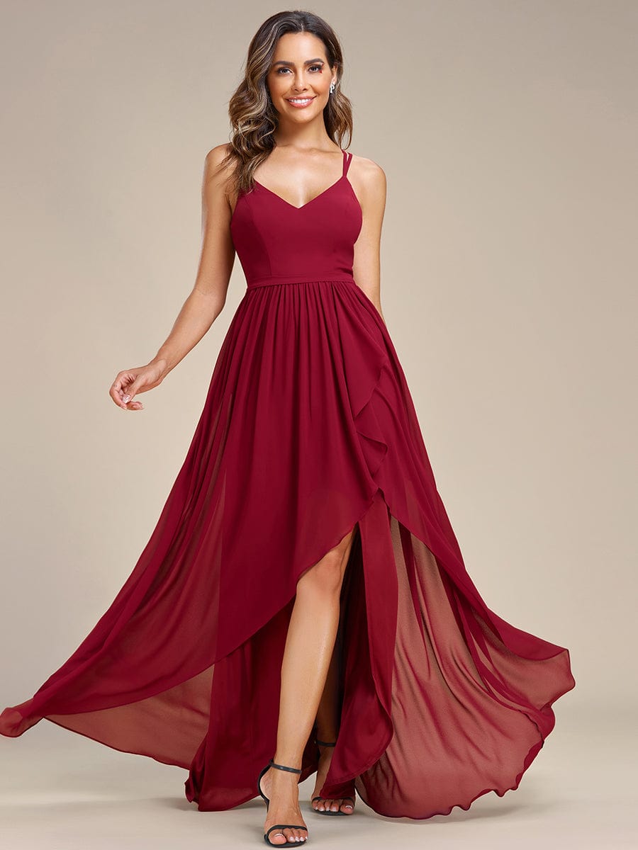 Weitese Chiffon Spaghetti Strap Ruffled Front Slit A-Line Bridesmaid Dress