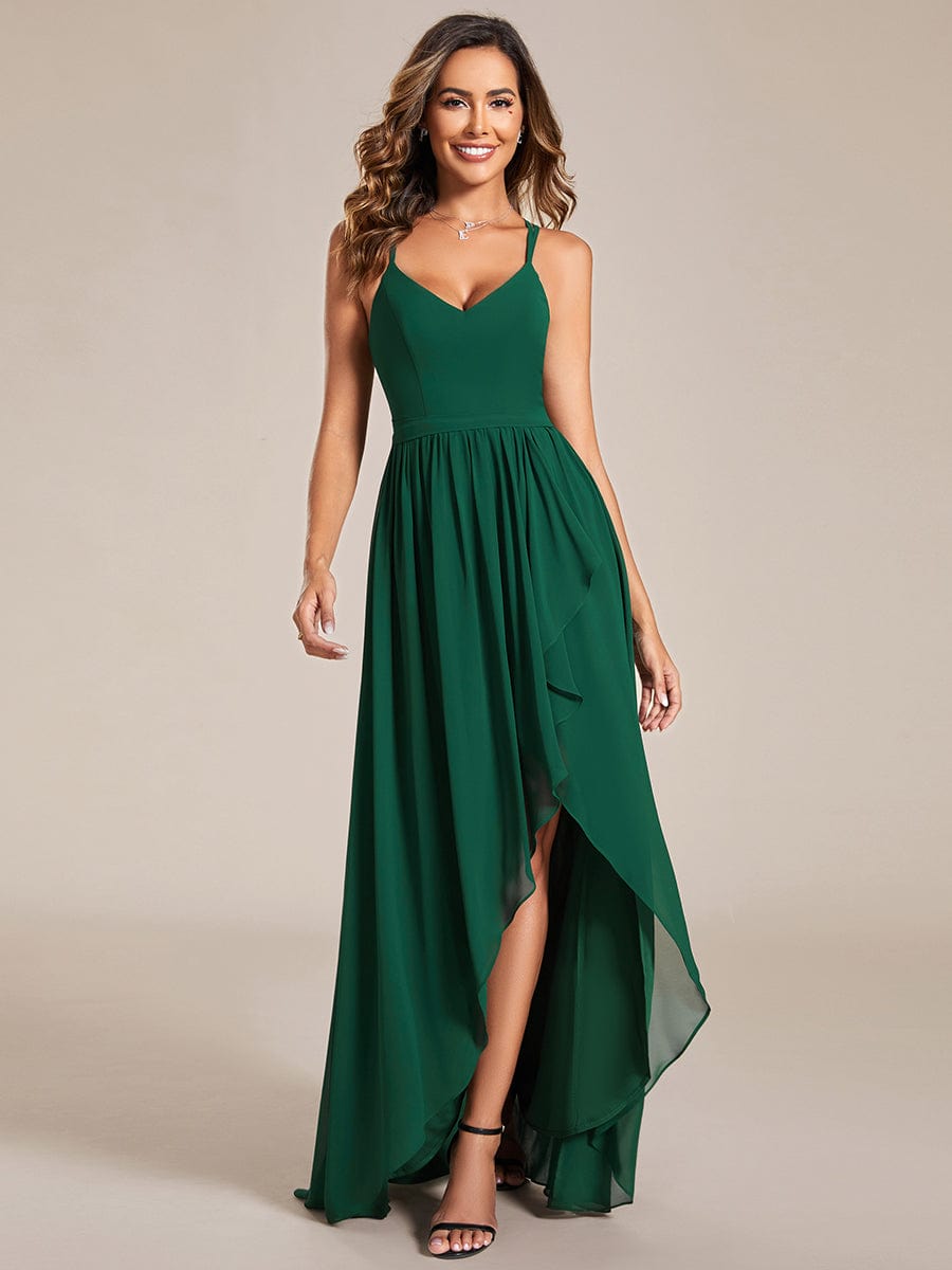 Weitese Chiffon Spaghetti Strap Ruffled Front Slit A-Line Bridesmaid Dress