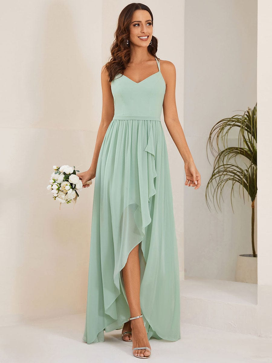 Weitese Chiffon Spaghetti Strap Ruffled Front Slit A-Line Bridesmaid Dress