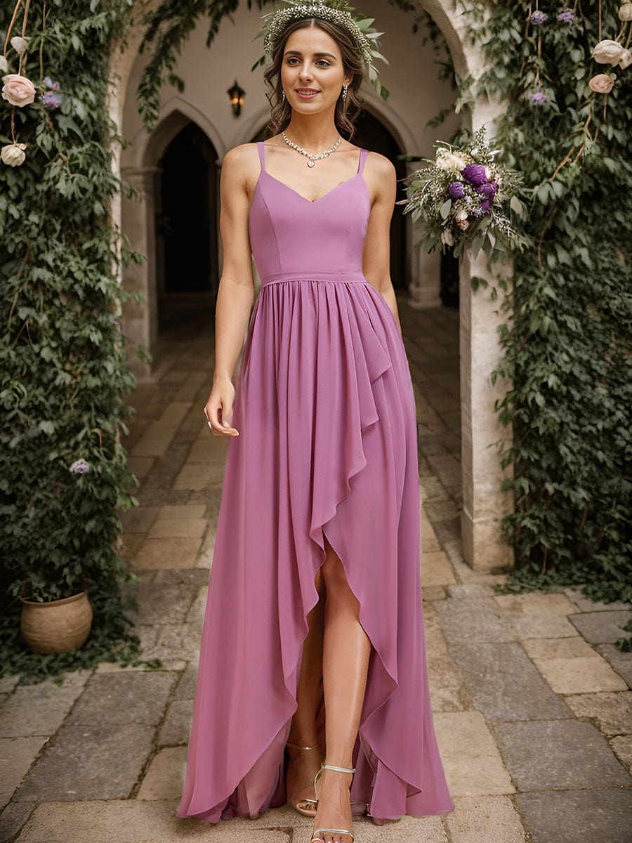 Weitese Chiffon Spaghetti Strap Ruffled Front Slit A-Line Bridesmaid Dress