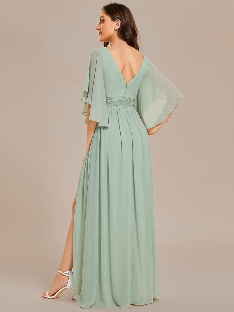 Weitese Half Sleeve V-Neck Pleated High Slit A-Line Chiffon Bridesmaid Dress