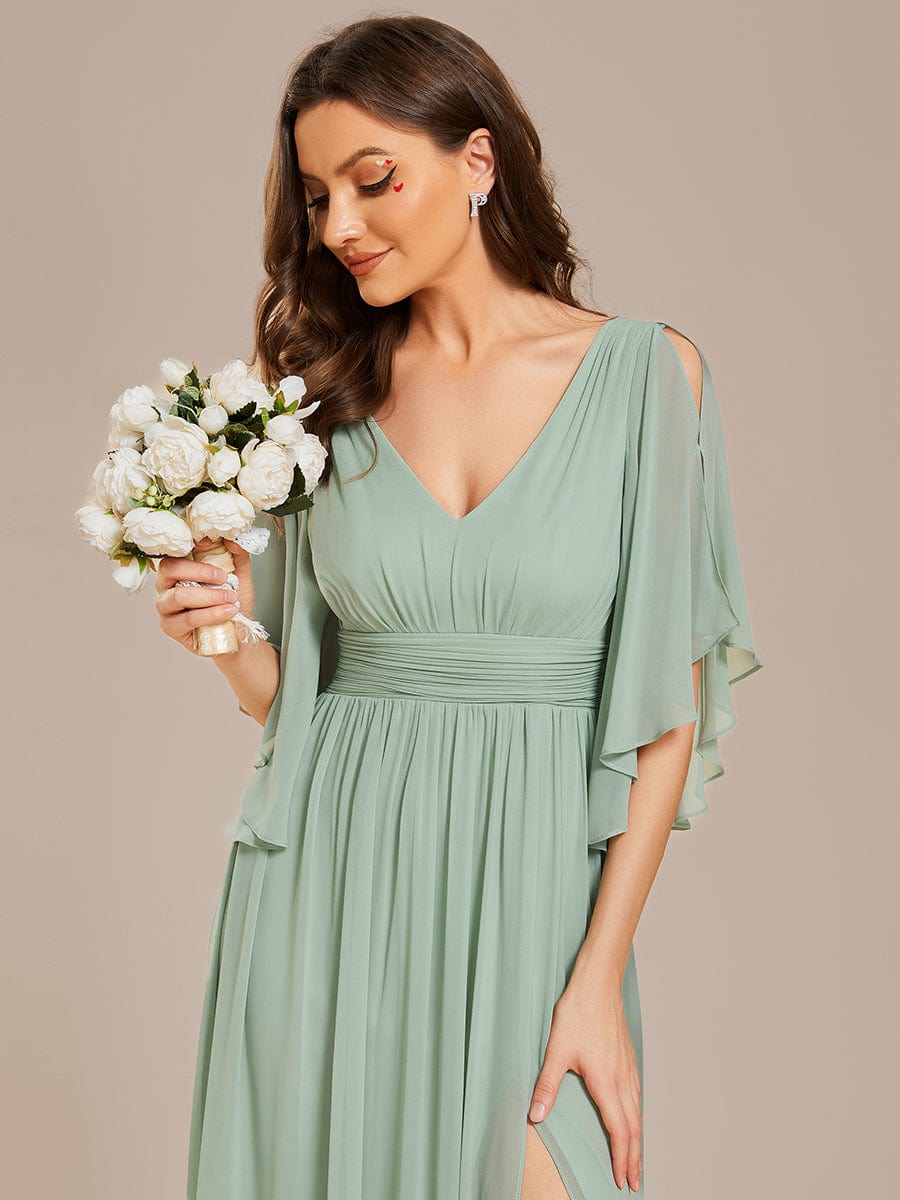Weitese Half Sleeve V-Neck Pleated High Slit A-Line Chiffon Bridesmaid Dress