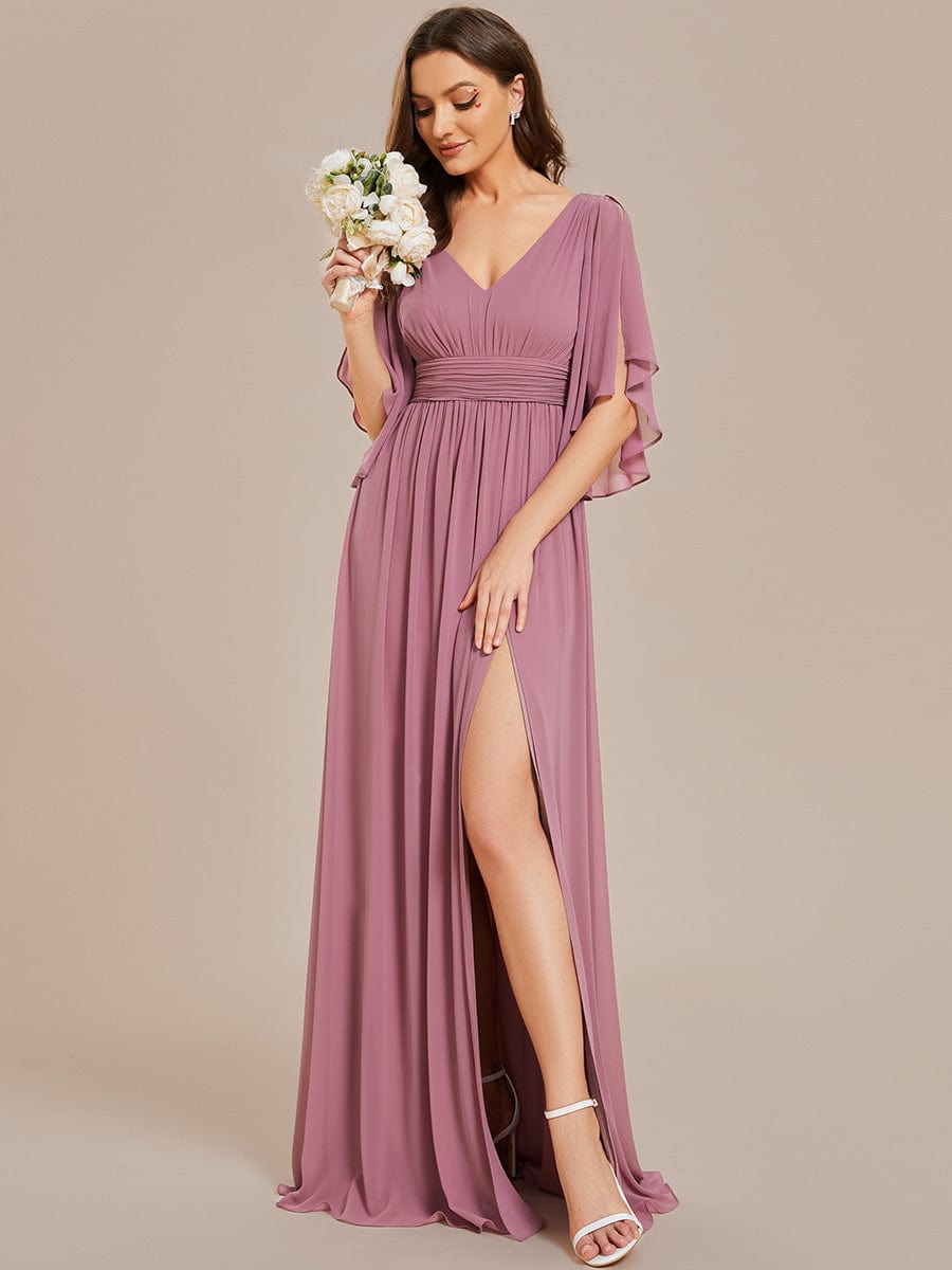 Weitese Half Sleeve V-Neck Pleated High Slit A-Line Chiffon Bridesmaid Dress