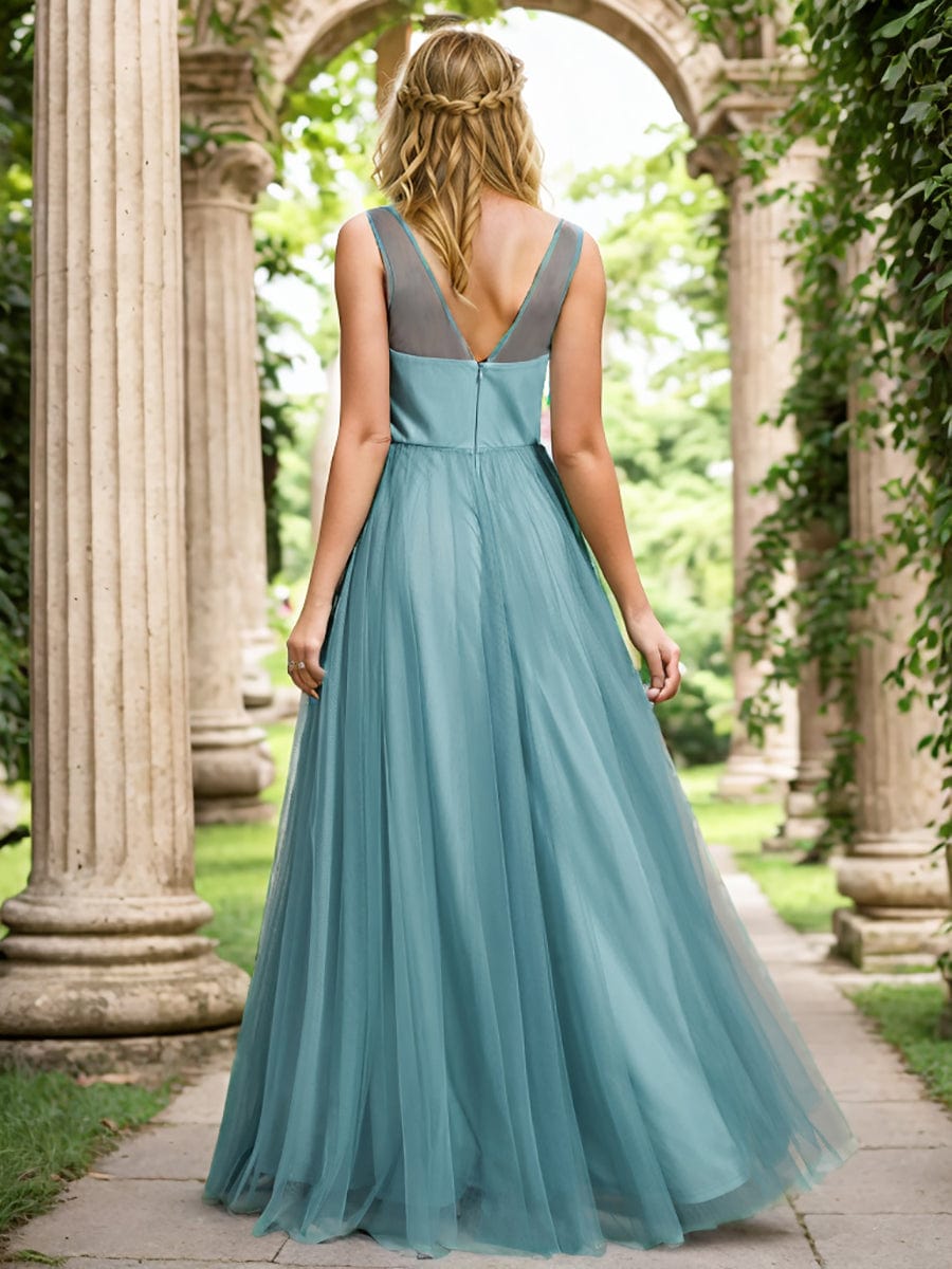 Weitese See-Through Shoulder Strap Flower Decoration Tulle Bridesmaid Dress