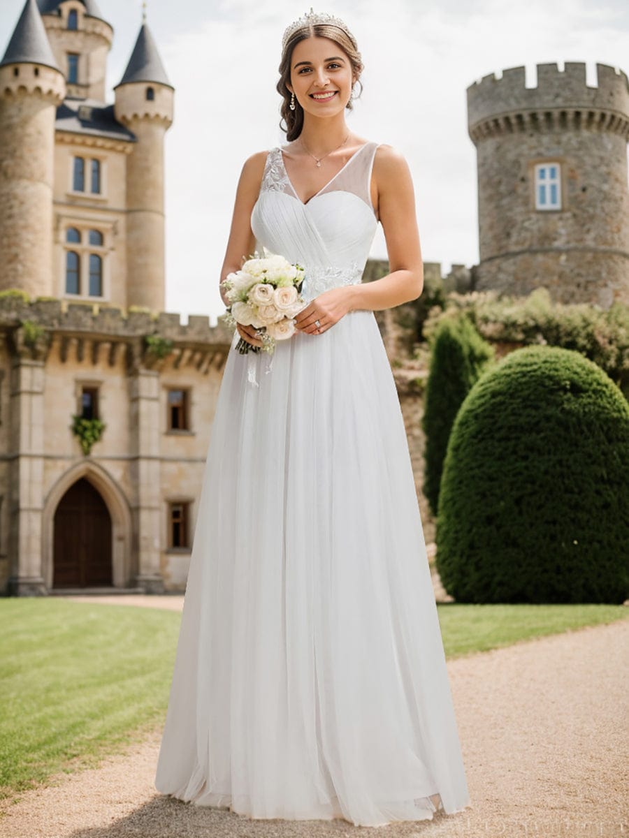 Weitese See-Through Shoulder Strap Flower Decoration Tulle Bridesmaid Dress